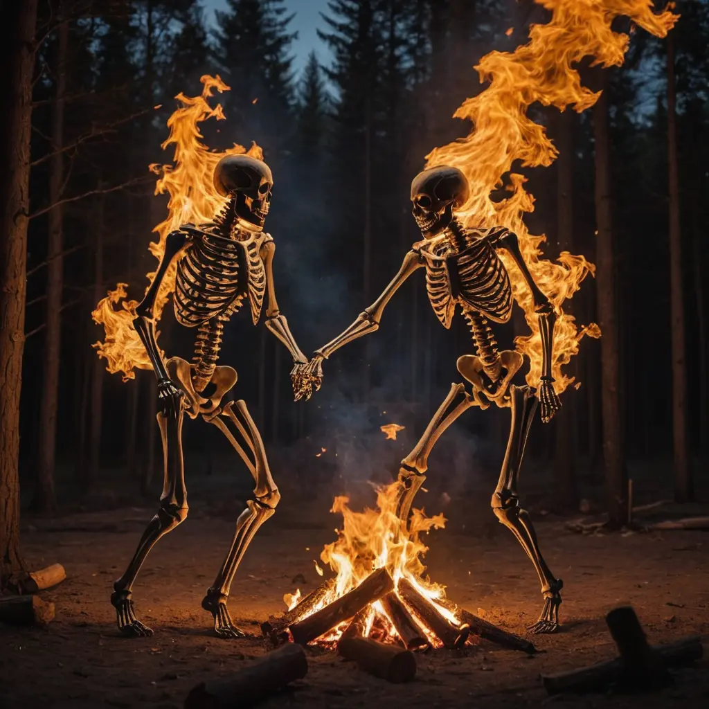 هيكل عظمي يرقص فوق النار مع صديقته مصنوعين من الذئاب