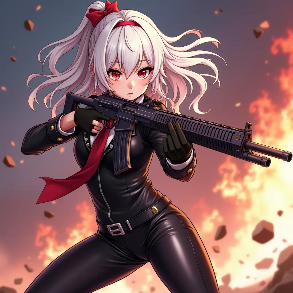 صورة لفتاة انمي شعر ابيض عيون حمراء تقاتل بمسدس ببنطال جلد 