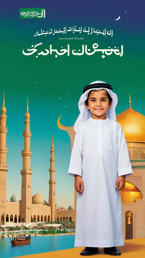 صورة لغلاف كتاب للأطفال للفئة العمرية من 6 الى 11 سنه محتوى الكتاب عن اليوم الوطني للسعودية تحتوي على صورة طفل وطفله بخلفية لمعالم المملكة