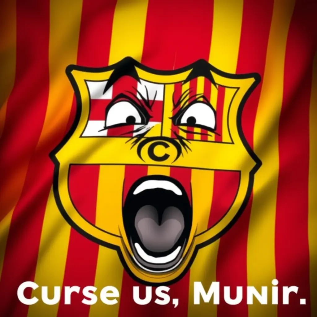 صورة لعلم برشلونة يصرخ ويقول سبابنا منير 