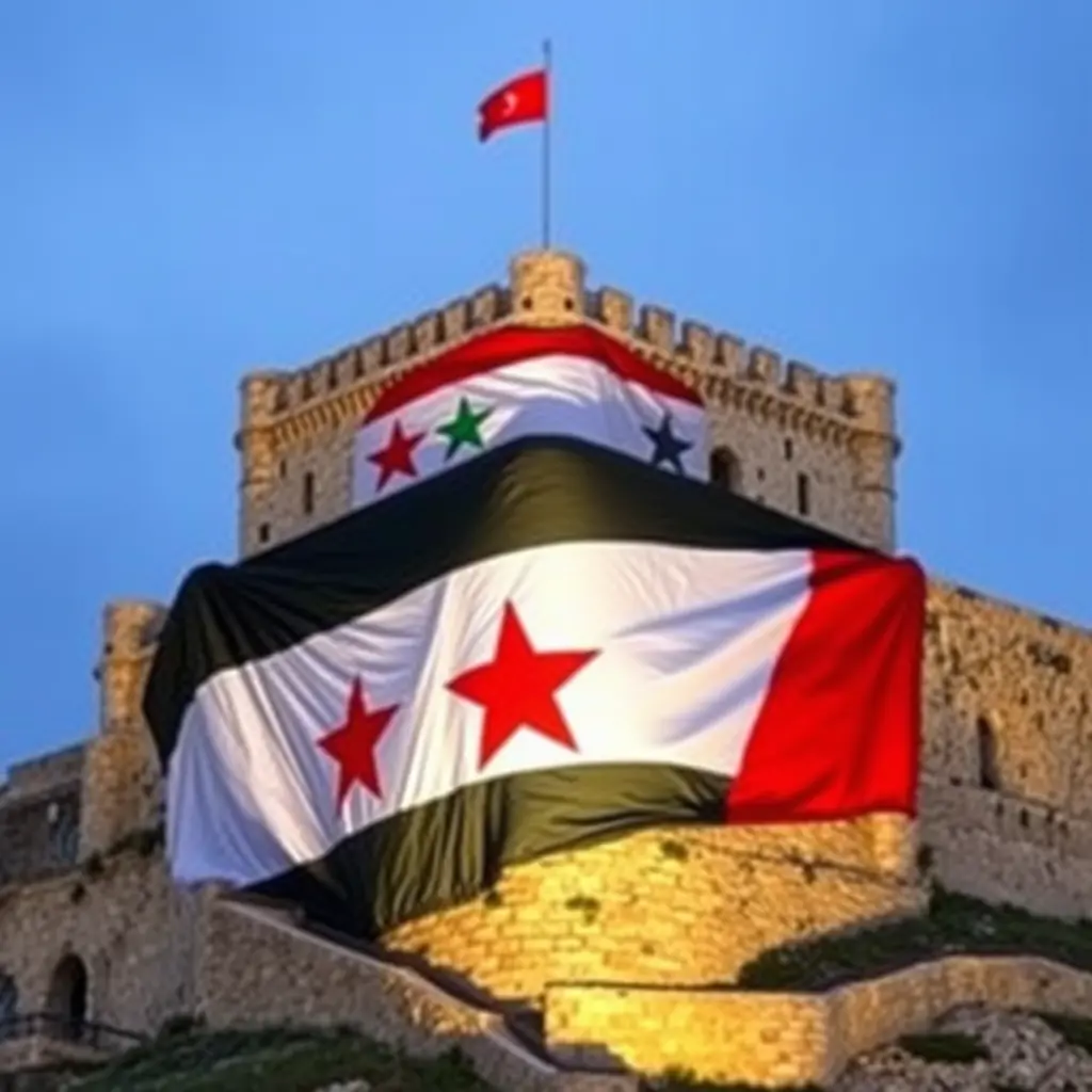 قلعة حلب ويلتف حولها علم سوريا الحرة