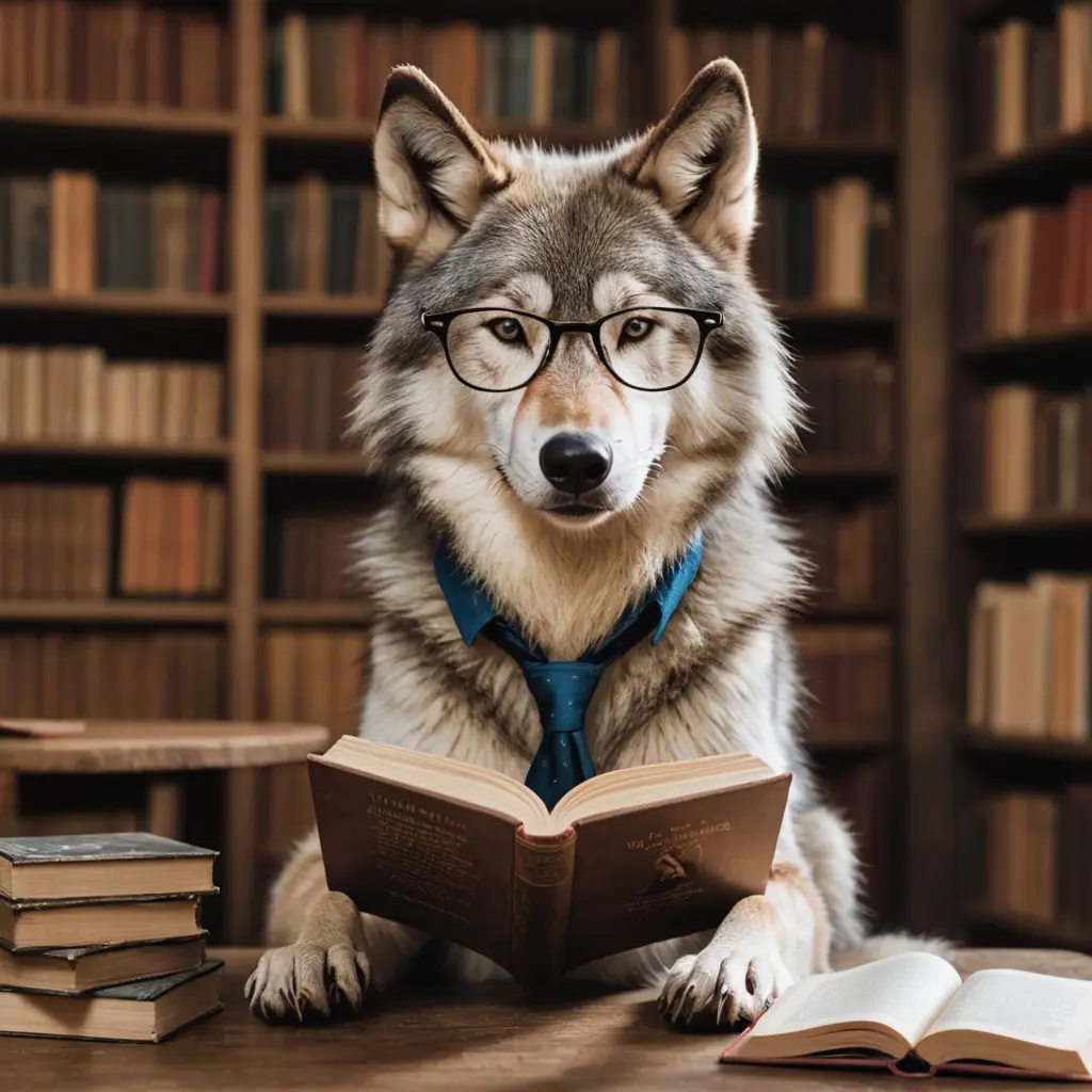 صور ذئب يقرا كتب ويرتدي نظارات