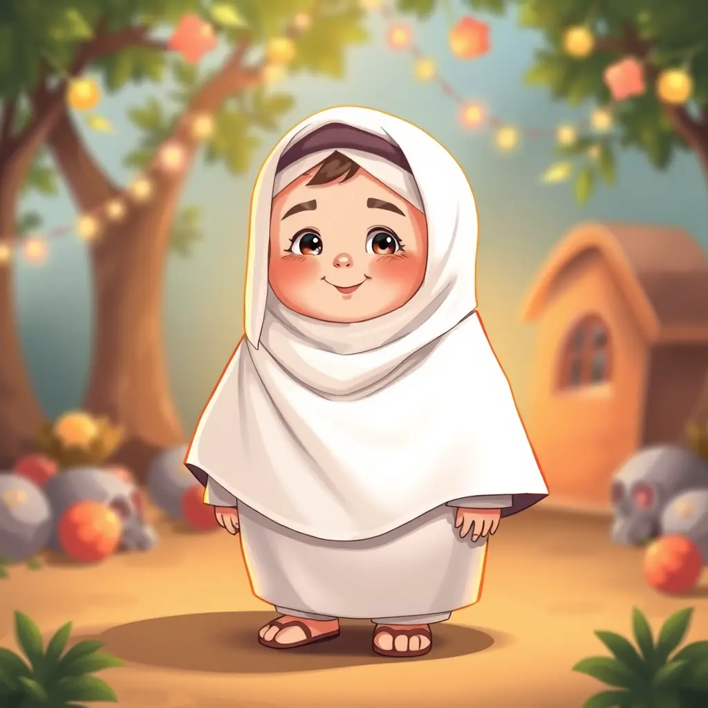 بنت جميله صغيرة سمينه تلبس حجاب ابيض وعبايه ابيض .كارتون وخلفيه جذابه للاطفال