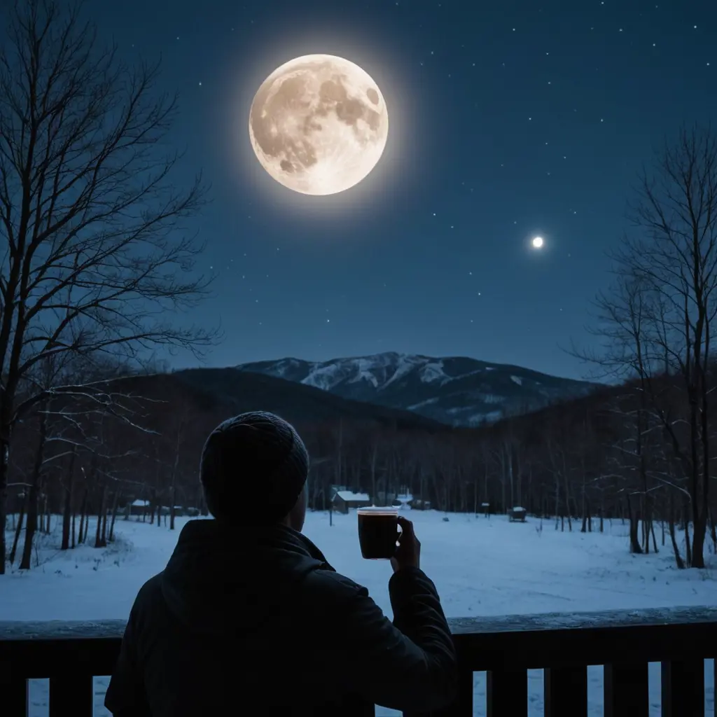 شخص يتأمل القمر في ليالي الشتاء البارد وكوب القهوه واليسكاره