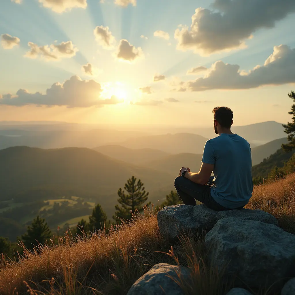 رجل يتأمل في خلق الله جالس على التلة وتحته مناظر طبيعية خلابة