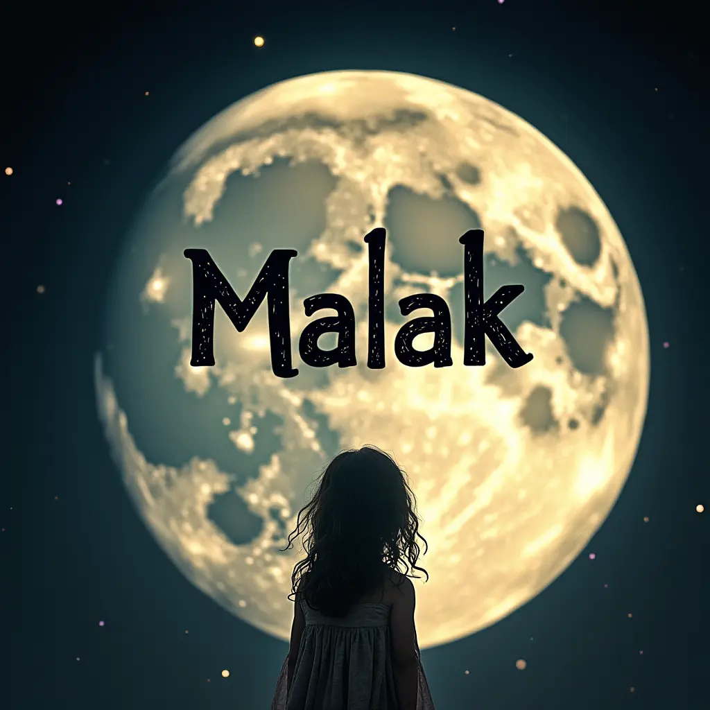 صورة بنت في وسط القمر مكتوب عليها اسم ملاك بالغة العربية