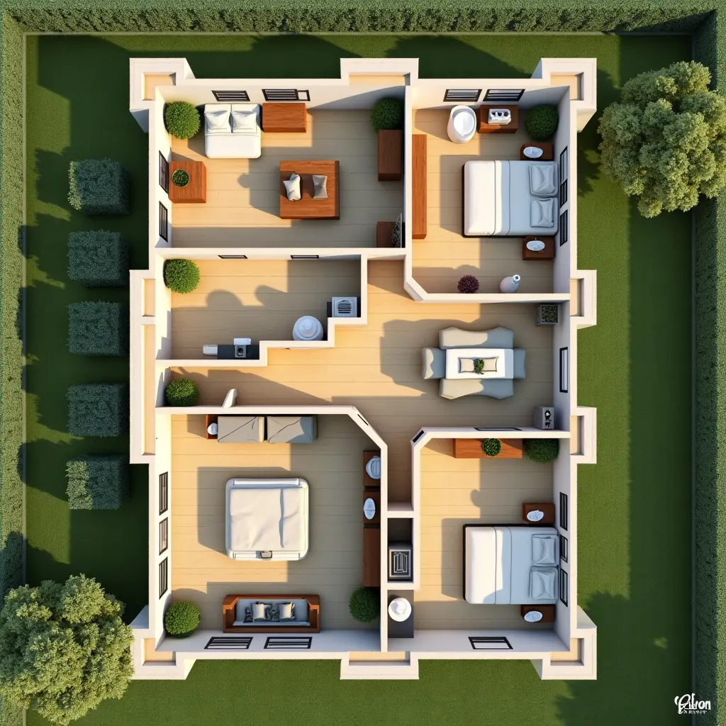 تصميم منزل من الأعلى مبني من طابوق أصفر مساحته 200 متر يحتوي على حديقة خارجية مكون من 6 غرف و مجلس و 3 تواليت و مطبخ