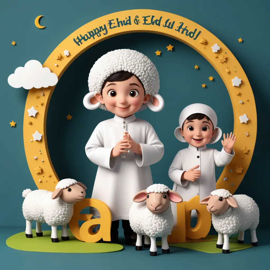 صور أطفال فى عيد الاضحي ثرى دي أشكال كرتونيةمجسمة فرحين ومعهم خروف العيد