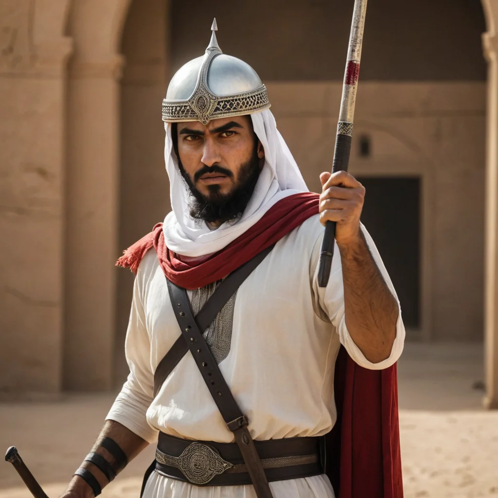 صورة لشخص ملامح عربيه لابس خوذه ماسك الرمح يريد قتل اعداءه وهو ملطخ بالدماء وهو غاضب