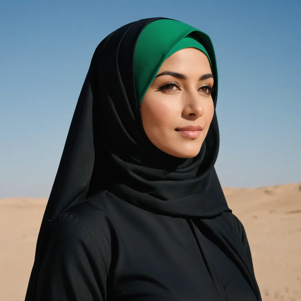 امرأة عربية جميلة تبلغ من العمر 35 عامًا ترتدي عباءة سوداء بأكمام طويلة مع غطاء رأس أخضر بالكامل يضيف لمسة من الأناقة إلى مظهرها المتواضع والملفت للنظر، تقف برشاقة تحت سماء زرقاء صافية في منتصف النهار
