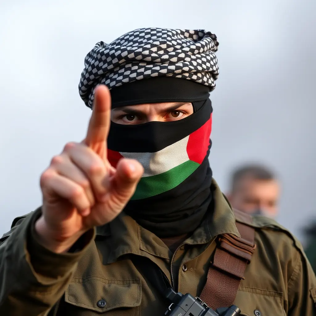 مجاهد فلسطيني ملثم بالكوفية يرتدي زي عسكري ويرفع يده ويشير بااصبعه