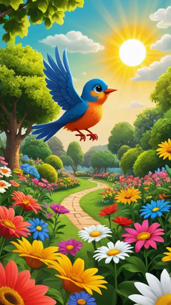 عصفور صغير يطير فوق حديقة مليئة بالاشجار والازهار الملونة وخلفه شمس تضحك وبعض الغيوم كرتون4d