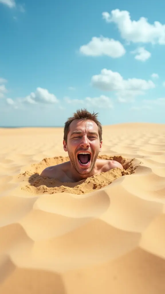 الشخص المدفون:
رجل مدفون في الرمال بحيث يظهر رأسه فقط فوق السطح.
تعابير وجهه تشير إلى التثاؤب، مع فم مفتوح وعينين مغلقتين.
بشرته فاتحة وشعره قصير بني اللون.
يبدو عالقًا في الرمال، مع ملمس الرمال متماسك ومحيط بالرأس بشكل كامل.
الخلفية:
مشهد صحراوي واسع، يغلب عليه لون الرمال الذهبي الفاتح.
الأفق في الخلفية يظهر فارغًا أو ممتدًا، مع تدرجات بسيطة في كثافة الرمال.
السماء زرقاء صافية تحتوي على غيوم بيضاء متناثرة، تضيف إلى الإحساس بالهدوء والاتساع.
الإضاءة:
ضوء النهار الطبيعي، مع انعكاس أشعة الشمس على الرمال وعلى رأس الشخص، مما يعطي شعورًا بحرارة الجو.رجل مدفون في الرمال يظهر رأسه فقط، وخلفه سماء زرقاء وصحراء واسعة مع مساحة فارغة في الأعلى لكتابة عنوان.