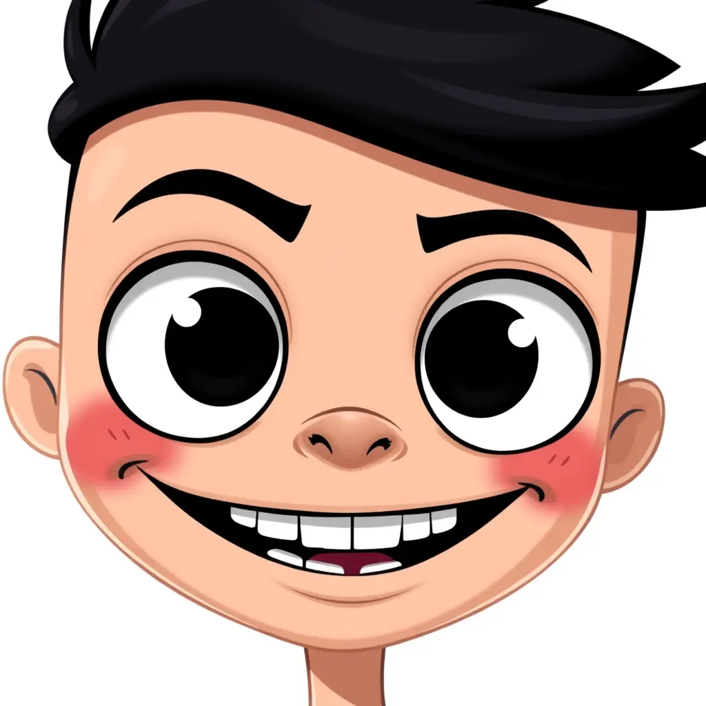 شخصية كرتونية ذات وجه كبير واعين واسعة تحتل معظم مساحت الوجه والعيون سوداء بالكامل بدون بياض وشعر اسود قصير وفم مبتسم بشكل كبير وغريب وأسنان ظاهرة