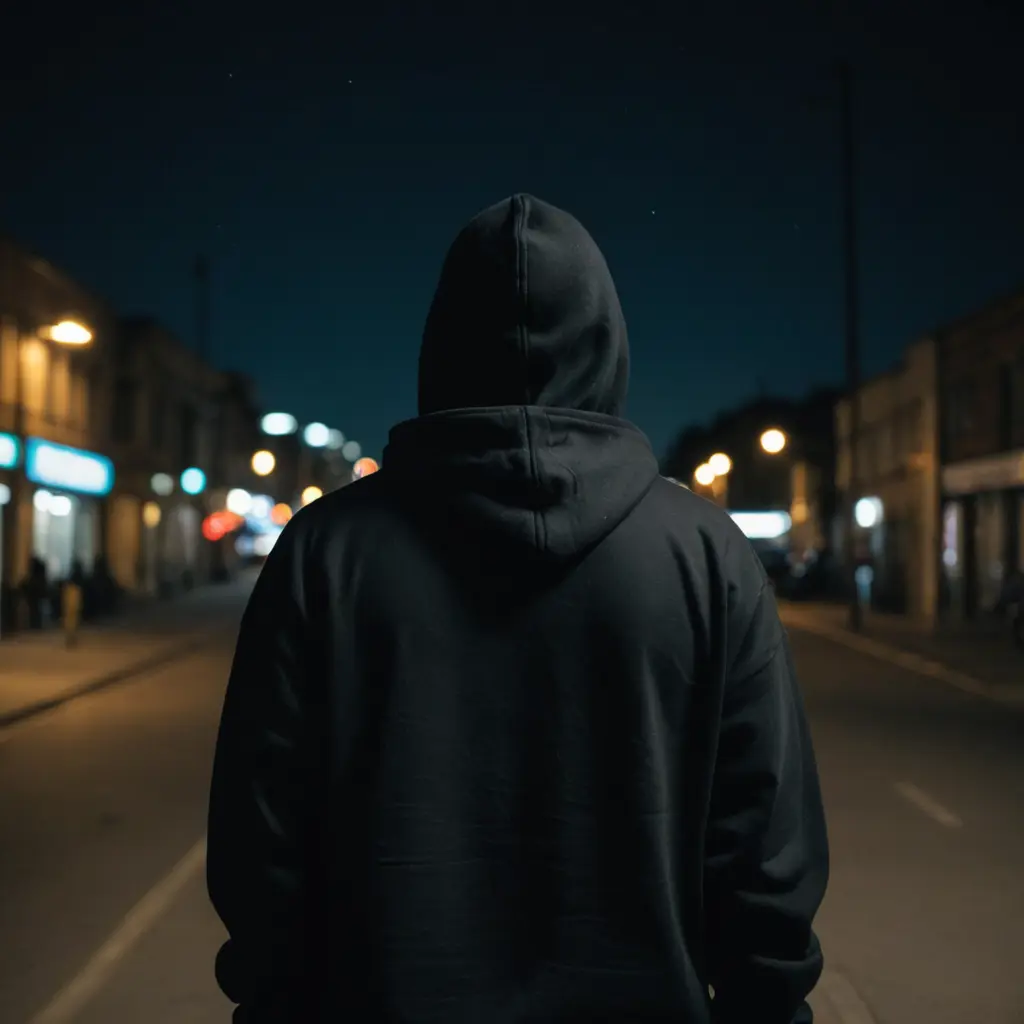 شخص لابس هودي اسود تم تصويره من الخلف في الليل