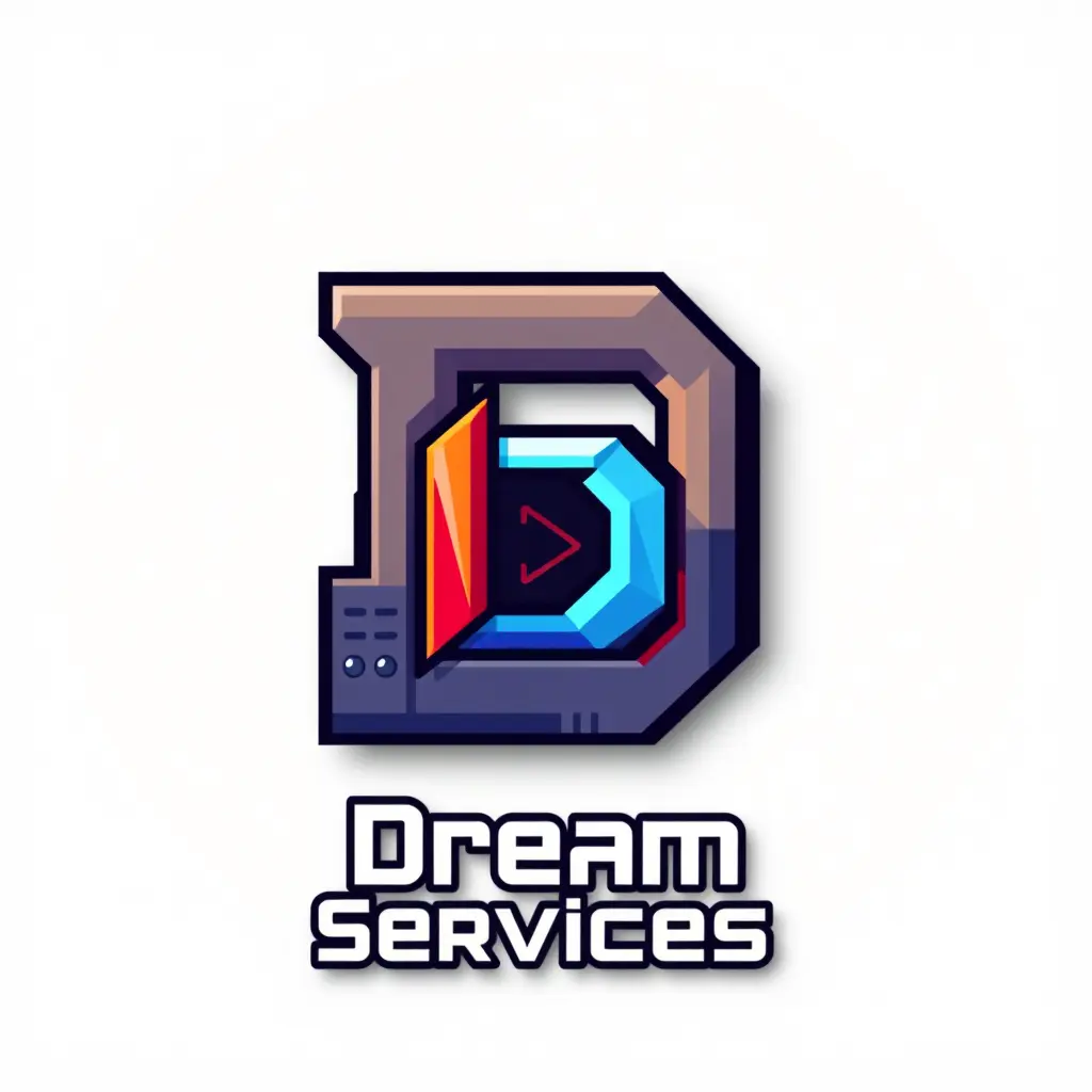 Generate a detailed pixelated look style logo in 2d for a company named 'Dream Services' in the technology field. The logo should prominently feature Letter D and Computer and Gaming .