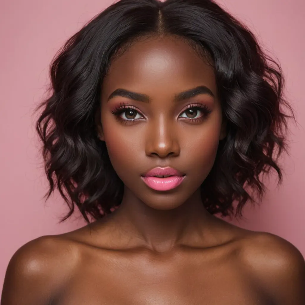 فتاة سمراء البشرة، وعينيها لوزيتان، وشفايفه وردية وجميلة