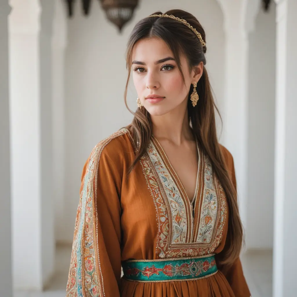 صورة لفتاة جميلة تشبه الاميرات بشعر طويل مجموع على شكل ديل حصان بني اللون مع غُرة، بوجه صامت ، ترتدي قفطان مغربي تقليدي أصيل ، وفي الخلفية حائط غرفة أبيض و تنظر الى الكاميرا