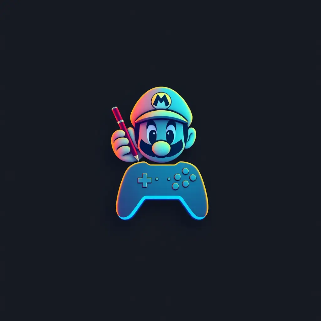 Generate a minimalistic futuristic style logo in 3d for a company named 'Mario games ' in the entertainment field. The logo should prominently feature Writing and gaming character and controller .
