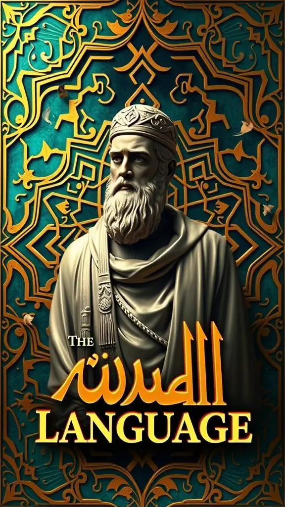 "غلاف كتاب فخم ثلاثي الأبعاد (3D) عالي الدقة (8K resolution) للغة العربية. في المركز: تمثال ثلاثي الأبعاد واقعي ومهيب للخليل بن أحمد الفراهيدي (أو: شخصية مهمة في تاريخ اللغة العربية)، ينظر بتأمل وحكمة. خلفيته: زخارف إسلامية معقدة (Islamic Arabesque patterns) باللون الذهبي والأزرق الفيروزي الغامق والأخضر الزمردي، مع حروف عربية كلاسيكية (مثل: الألف, اللام, الميم, العين, الراء) متناثرة بتأثير ثلاثي الأبعاد وشفافية خفيفة، تطفو في الفضاء المحيط وتندمج مع الزخارف. العنوان الرئيسي 'اللغة العربية' مكتوب بخط عربي ثقيل وجميل (مثل: خط الثلث أو النسخ) باللون الذهبي اللامع أو الأبيض العاجي، مع إضاءة ناعمة وإبراز ثلاثي الأبعاد (3D bevel and emboss). الألوان العامة: نابضة بالحياة (vibrant jewel tones) - ذهب عميق، فيروزي غني، زمردي غامق، بورجوندي غامق - مع تدرجات غامضة (mysterious gradients) وظلال عميقة. الجو العام: مهيب، غامض، فني، يخلط بين الأصالة العربية والإبداع الحديث. إضاءة درامية (dramatic cinematic lighting) مع أشعة ضوء تنفذ من أعلى، تأثير ضباب خفيف (soft volumetric fog) يضيف غموضًا وعمقًا. التفاصيل فائقة النقاء (ultra-detailed), التكوين فني (masterpiece composition)."
