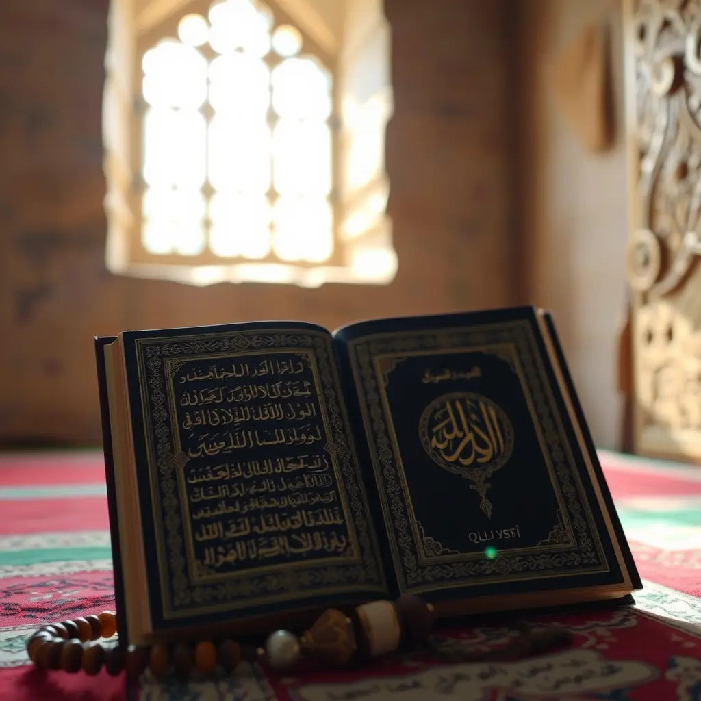 صوره مصحف و مسبتح فمكان عليه ضوء شمس ضعيف