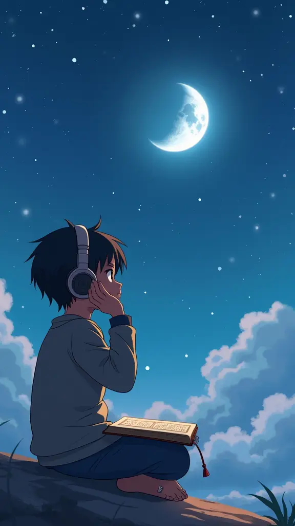 طفل يسمع القرآن وهوا ينظر إلى السماء ويضع السماعة مع وجود القمر غير مكتمل من عالم الانمي