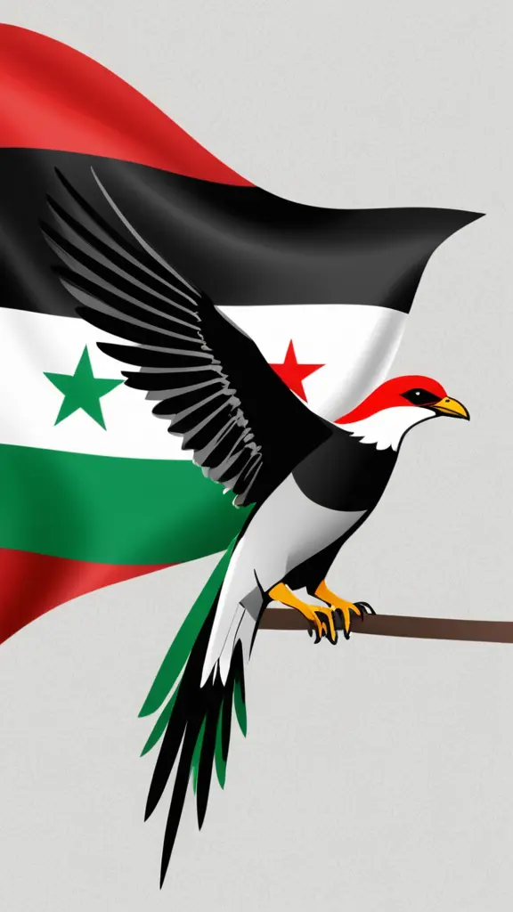 شعار طائر الشاهين و من خلفه علم الثورة السورية . تصميم واضح بألوان، ثنائي الأبعاد