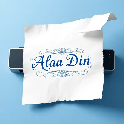 برنتر انك جيت HP ورق جميل مسحو رمحفور عليه 
  أسم Alaa DIN . بأسلوب خيالي باللون ازرق وابيض وجانبه ورق يطير في الهواء