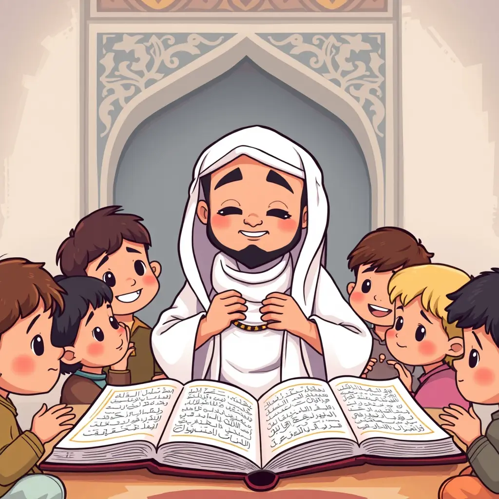 ولد لي صورة كرتونية لمعلم القرآن الكريم يرتدي دشداشة بيضاء وحوله أطفال يحفظون القرآن الكريم ويفتحون مصاحفهم