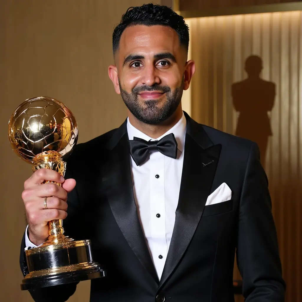 رياض محرز يردتدي بدلة رسمية ويمسك الكرة الذهبية ballon d'or