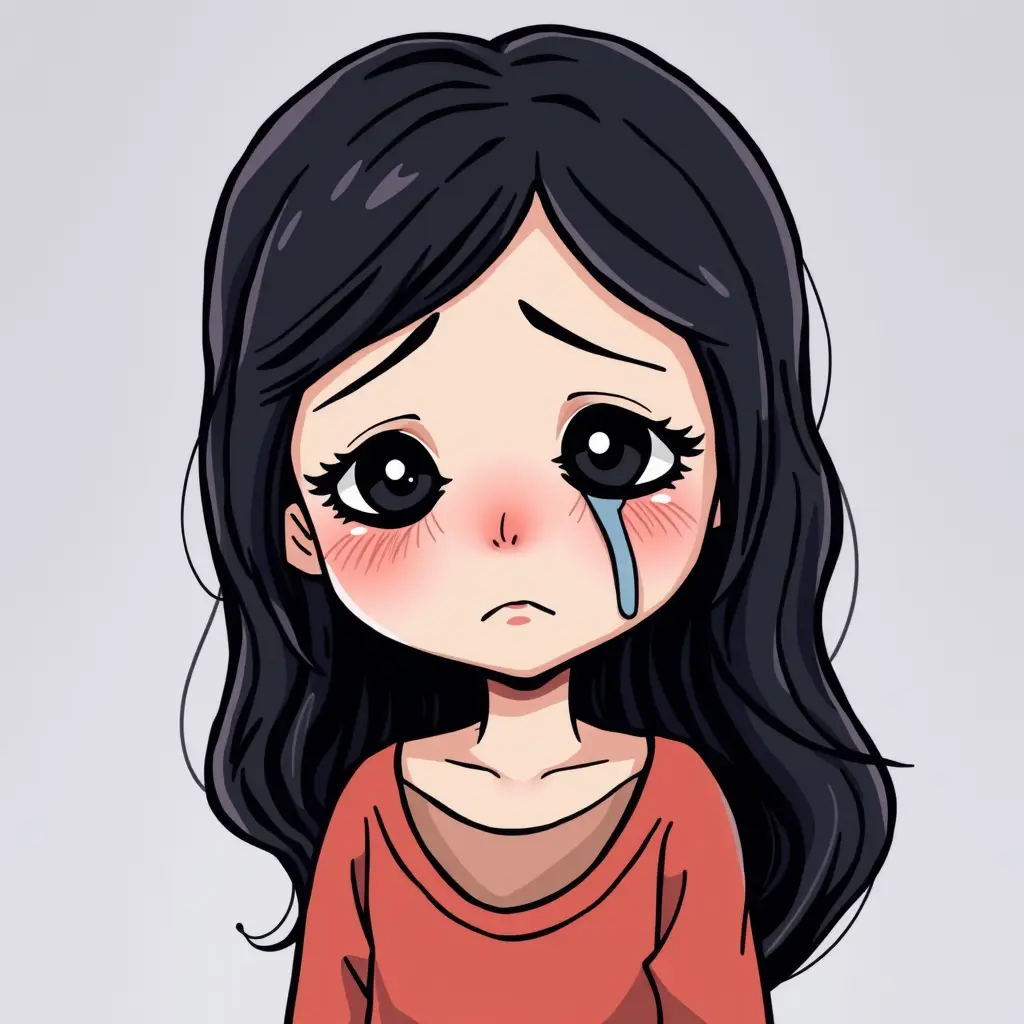صورة طفلة حزينة وتبكي بشعر مموج طويل لونه اسود صورة كرتونية