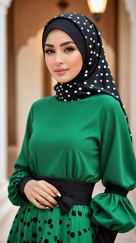Hijabi girl wear green hijab, Women's Polka Dot Printed Lantern Sleeve Arabian Dress color black and white.