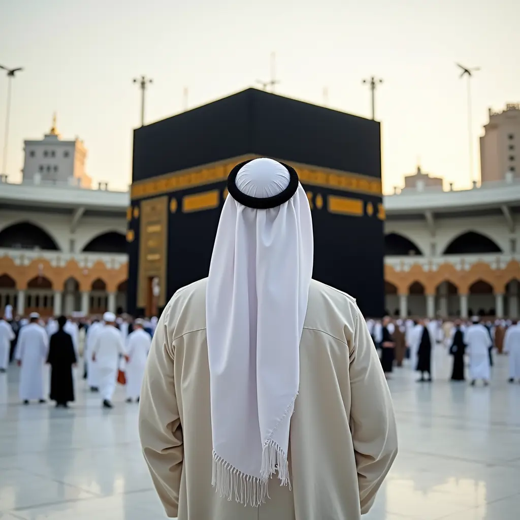 رجل يقف امام الكعبة يرتدي ملابس الاحرام