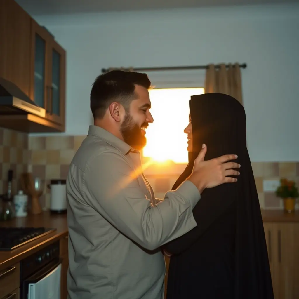 زوج يحضن زوجته في المطبخ وقت الشروق وهي تلبس عباية سوداء ديقة