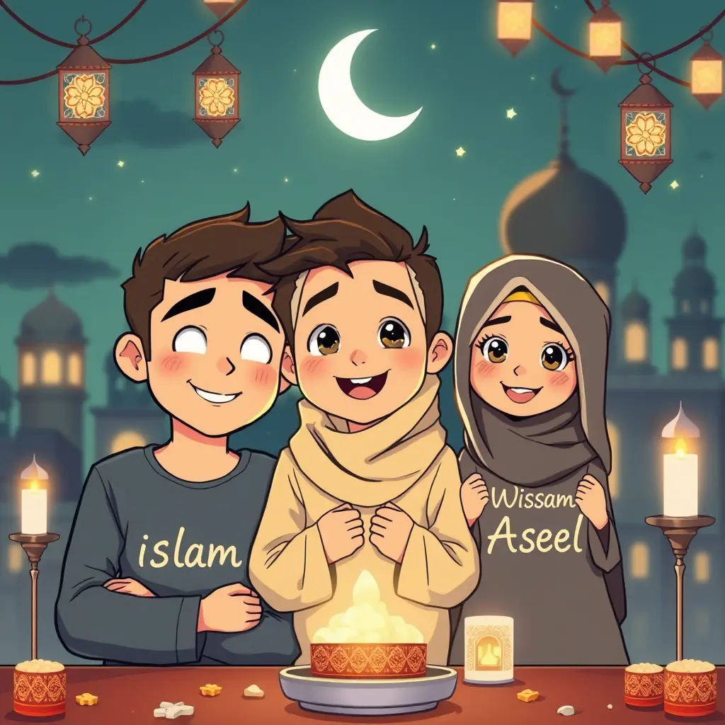 ولد انمي لعائله مكونه من 3 افراد اب وام وبنت اسمائهم ( اسلام + وسام + اسيل ) وصوره احتفال بشهر رمضان والاسم مكتوب علي الصور