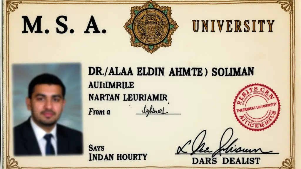 identity card of M. S. A university with name DR/Alaa Eldin Ahmed Soliman and has golden stamp with its logo
