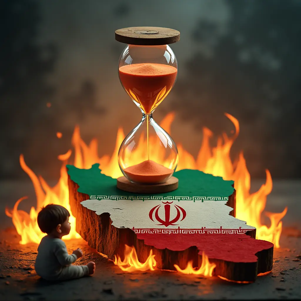ساعة رملية ففوق خريطة ايران حيث ان الخريطة ايران عليها علم ايران ومن حولها نار وطفل جالس حزين