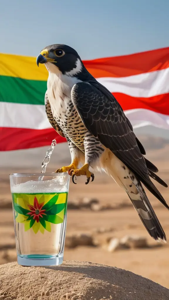 شعار طائر الشاهين و من خلفه علم الثورة السورية يشرب من زهرة رقمية، تصميم واضح بألوان قوس قزح، ثنائي الأبعاد
