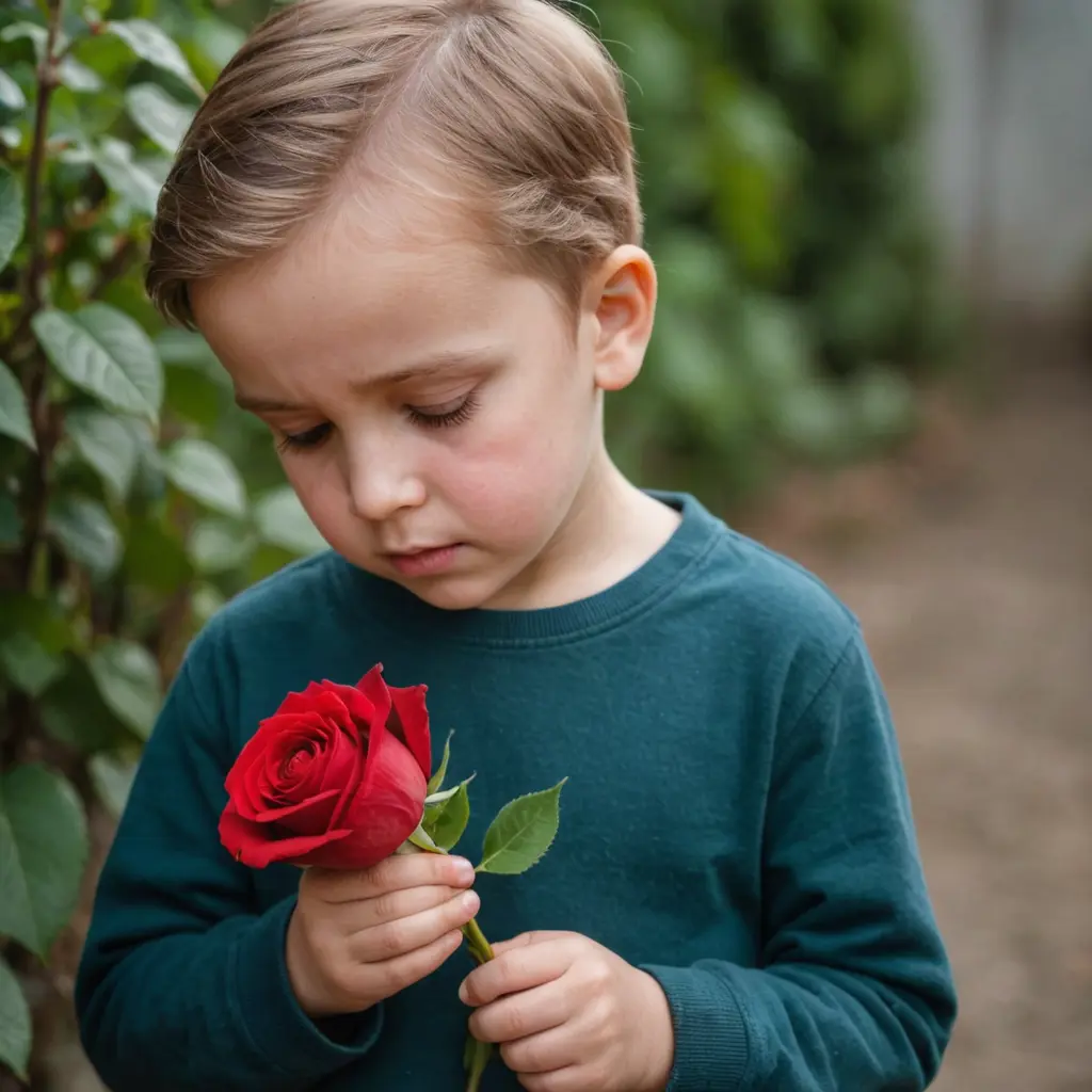 طفل زعلان ينظر للاسفل يمسك بيده وردة حمراء