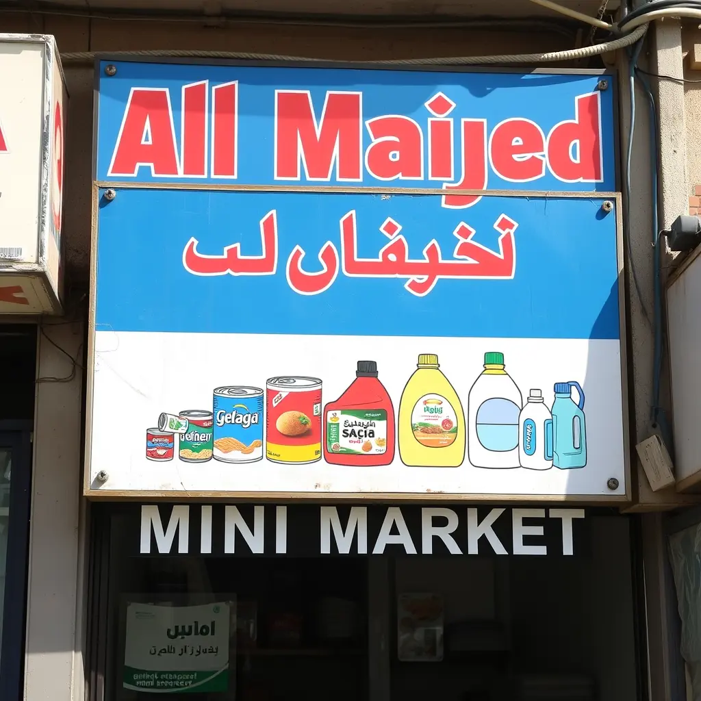 صورة قارمة محل ملونة ب اللونين الأزرق و الاحمر باسم ميني ماركت الماجد بحجم 3/4 باللغة العربية وعليها رسومات لمعلبات غذائية و منضفات