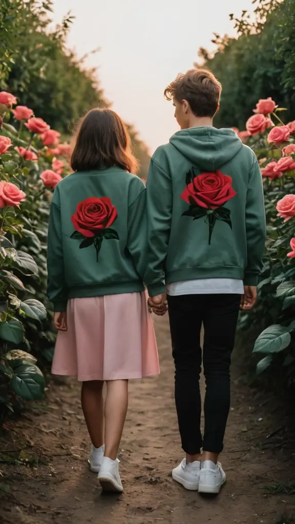 صوره ولد وبنت يمسكان ايدي بعض وسط الزرع ويليسان نفس اللبس في الشروق صوره من الخلف وأسفلهم زرع وورد