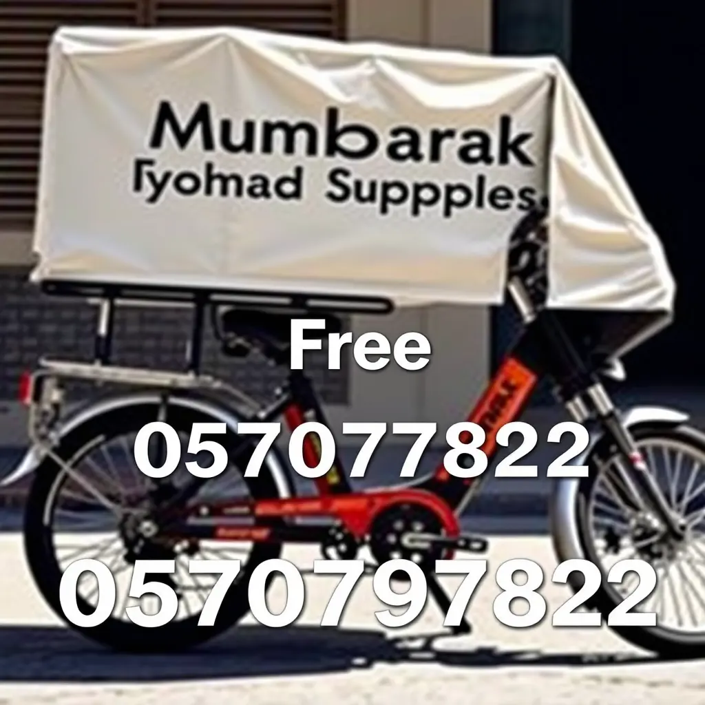 صوره دراجة توصيل طلبات مكتوب عليها تموينات مبارك توصيل مجاني واضيف عليها هذا الرقم 0570797822