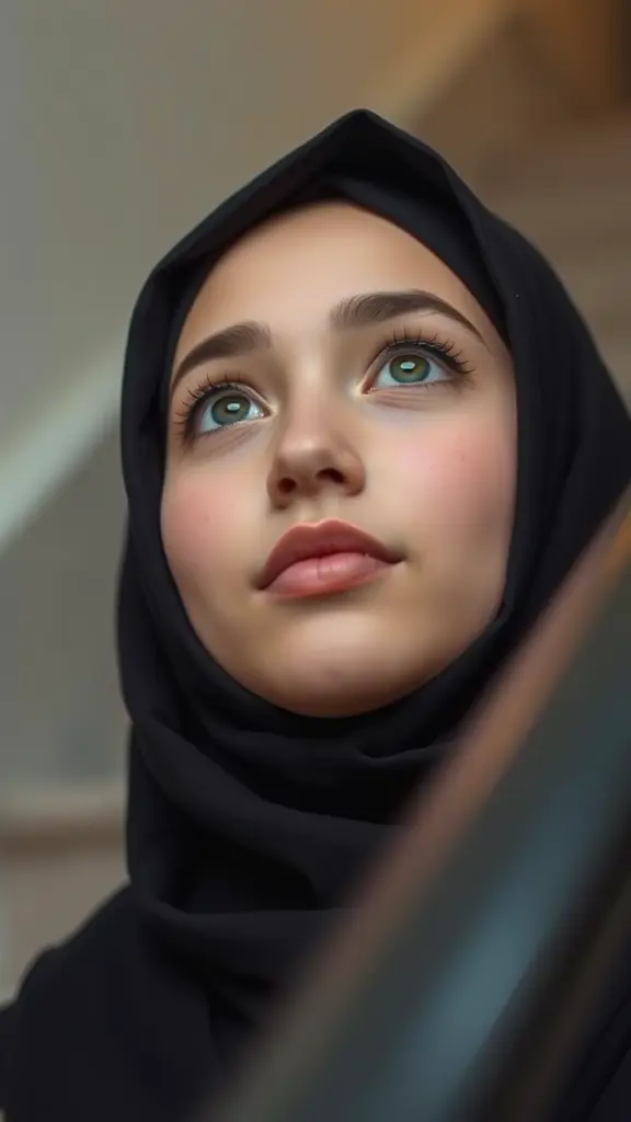 وجه فتاة عن قرب، جميلة منقبة محتشمة، بلجاء، وجهها دائري، عيونها واسعة، رموشها طويلة، حدقاتها لامعة، خدودها وردية وفيها غمازات صغيرة، تنظر إلى السماء، شفايفها مرتخية، يقطر العسل من شفايفها، يبدو وجهها وجه فتاة حقيقية، تصعد الدرج، ترتدي حجاب محشم اسود وعباءة سوداء
