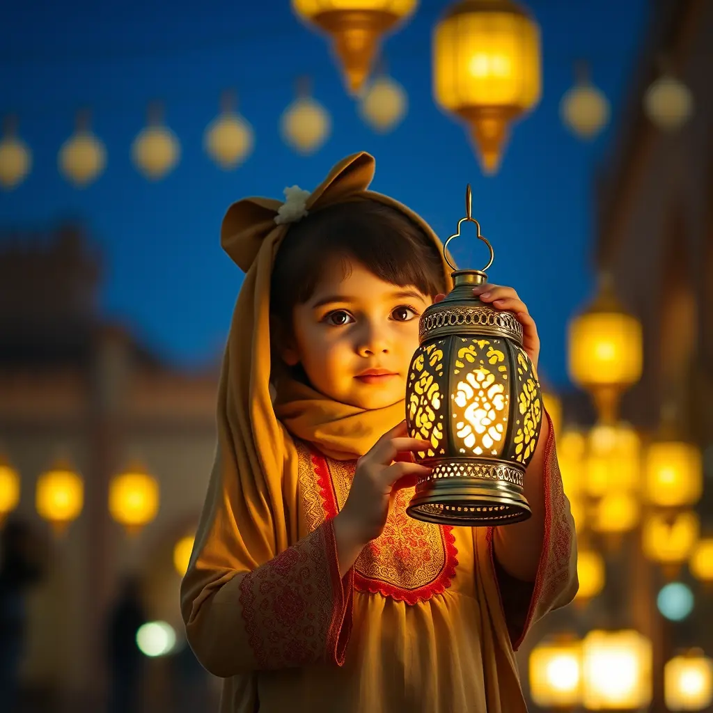 صوره لبنت صغيره تحمل فانوس رمضان ف أجواء رمضانيه وبلبس تقليدي