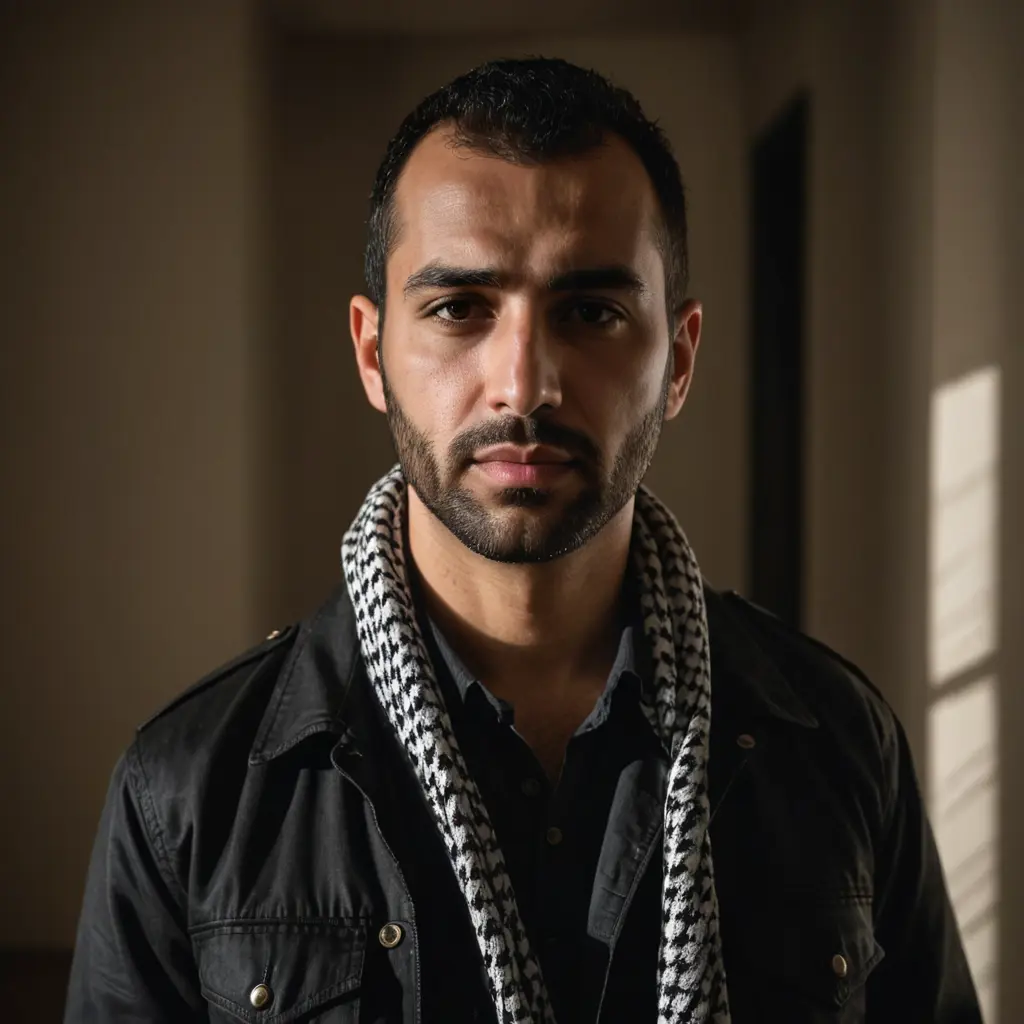 صورة رجل يرتدي سترة وقميص وعلى اكتافه كوفية فلسطينية ، إضاءة منخفضة، ظلال دراماتيكية، أسطح عاكسة، عمق عاطفي، بيئة داخلية