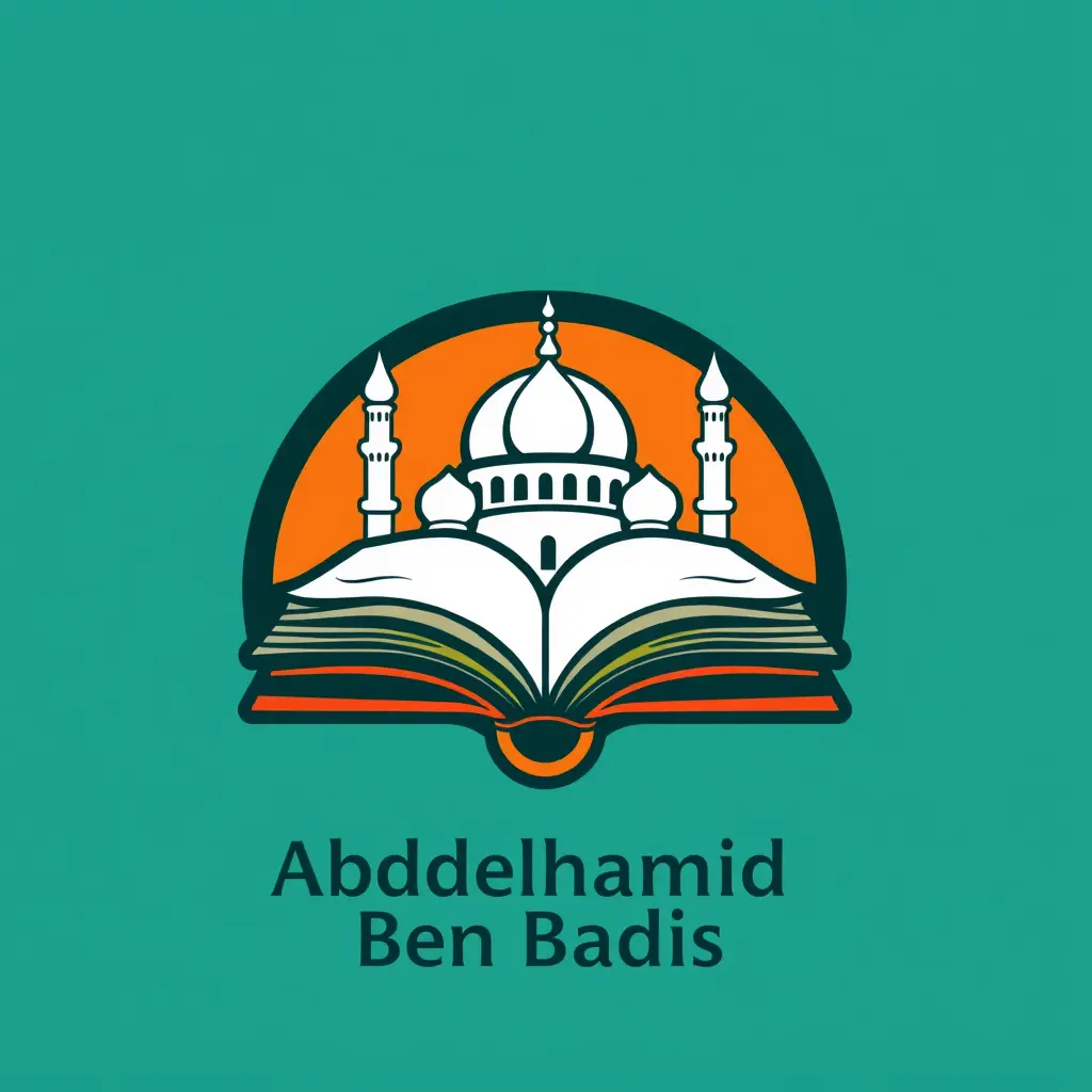Generate a detailed logo in 2d for a company named 'Abdelhamid Ben Badis ' in the religious field. The logo should prominently feature Book and Mosque Dome which uses cold colors palette.