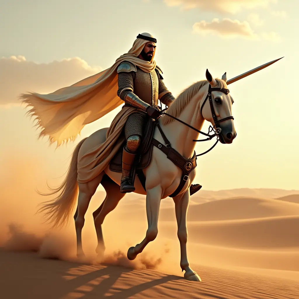 صورة فارس عربي على حصانه و في يده سيف براق في الصحراء