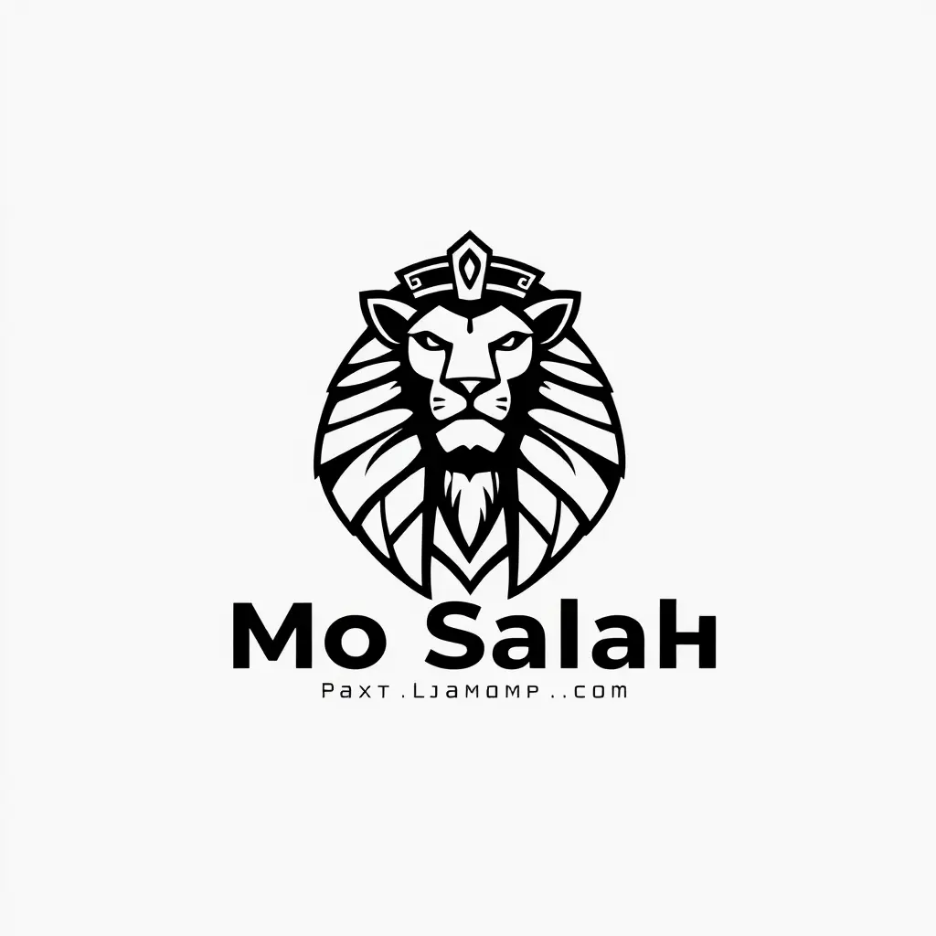 Generate a minimalistic line art style logo in 2d for a company named 'Mo Salah ' in the sports fitness field. The logo should prominently feature Lion and Pharaonic and League and English which uses black and white palette.