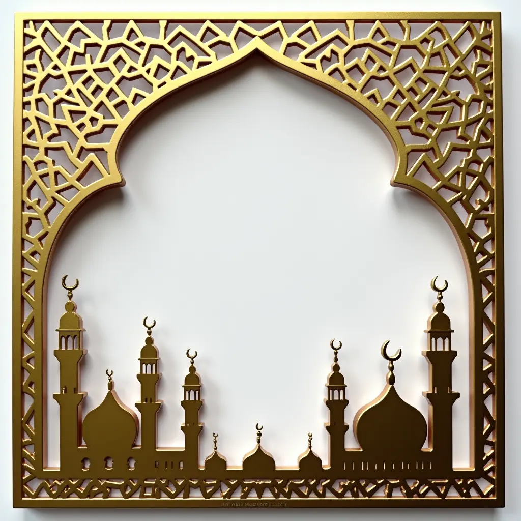 بطاقة، إطار من فوانيس رمضان وصورة ظلية للمسجد، مساحة في الوسط، تشطيب معدني نحاسي، أنماط إسلامية هندسية.