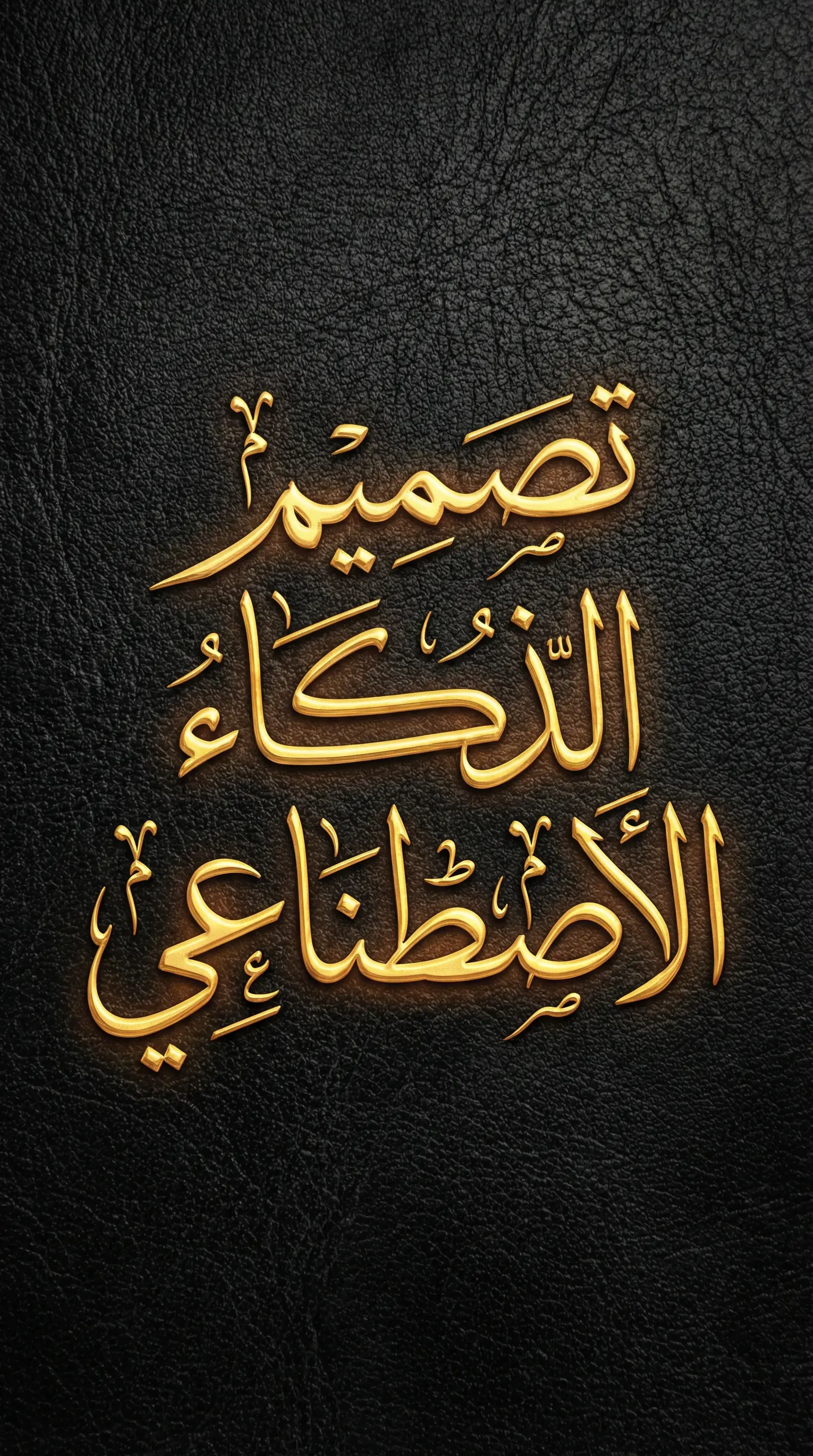 اكتب كلمات "تصميم الذكاء الاصطناعي" بخط الثلث الذهبي على خلفية جلدية سوداء. يبدو النص وكأنه محفور بعمق في الجلد، حيث يُرسم كل حرف بتفاصيل بديعة بلون ذهبي غني ومتوهج. سطح الجلد أملس ولكنه مزخرف، مما يضيف عمقًا إلى الخط المعقد. تُبرز الإضاءة الحروف البارزة، وتُلقي بظلال رقيقة تُعزز التأثير ثلاثي الأبعاد. يُستحضر هذا العمل الفني شعورًا بالحكمة والرقي القديمين، ويمزج بين التكنولوجيا الحديثة والحرفية التقليدية.